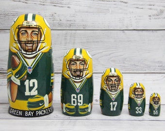 Green Bay Packers Football Sport Doll 6.1" or 15.5 cm Hand Painted Ukrainian Nesting Doll 5 pieces Wooden Toy Home Decor Portrait Quality