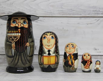 MADE in UKRAINE Jewish Family Nesting Doll 5.11'' or 13 cm Hand Painted Wooden  5 pieces Handmade Hand Crafted Gift for Friend