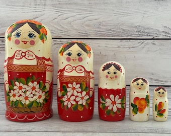 Hand Painted Ukrainian Nesting Doll Set, Traditional Floral Decor, 5 Piece