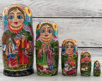 Hand Painted Ukrainian Fairy Tales Nesting Dolls Set, Wooden Toy Decor