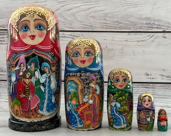 Hand Painted Ukrainian Fairy Tales Nesting Dolls (5 Pieces), Wooden Toy Decor