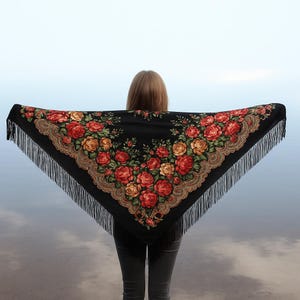 Ethnic Folk  Wool Shawl Slavic Babushka Floral Scarf Modern Chic Boho Pavlovo Posad with Classic Timeless Floral Design Gift for Her