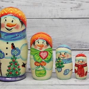 MADE in UKRAINE Ukrainian Snowman Hand Painted Ukrainian Nesting Doll 5 pieces  Doll 6.69&#39;&#39; 17 cm Wooden Toy  Kids Gift Kids Room Decor