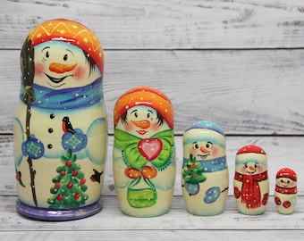 Hand Painted Ukrainian Snowman Nesting Dolls (5 Pieces, 6.69'') – Wooden Toy Decor