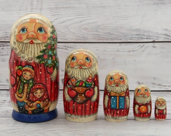 Made in Ukraine Cute Santa Wooden Nesting Doll 6.69&quot; or 17 cm, Hand Painted 5 pieces Christmas Gift, Ukrainian Santa, Ukrainian Santa Doll