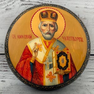 MADE in UKRAINE Lacquer Box, Ukrainische Kunstmalerei Schule, Handgemalt, Schmuckschatulle, Öl gemalt, sehr detailliert, kyrillische Ikone, St. Nikolaus