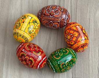 MADE in UKRAINE Oeuf de Pâques en bois peint à la main Pysanka Petrykivka Pysanky ukrainienne, lot de 5 œufs différents, cadeau folklorique floral