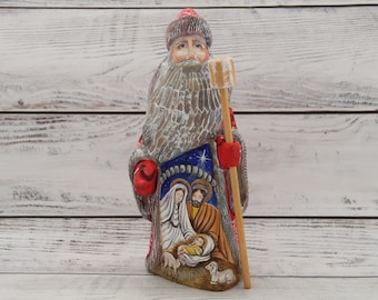 Wooden Ukrainian Hand Carved Santa 8.66" Father Frost Ukrainian Santa Hand Carved Hand Painted Christmas Gift Home Decor Christmas Gift