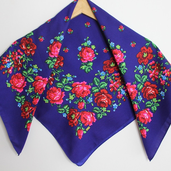 Made in Ukraine SALE! Blue Slavic Babushka Floral Scarf, Ukrainian Wool Scarf, Modern Boho, Styling with Classic Timeless Floral Design