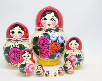 Ukrainian Traditional Hand Painted Nesting Doll 10 pieces, Doll 5.7'' or 14.5 cm, Wooden Toy, Home Decor, Kids Gift, Kids Room Decor