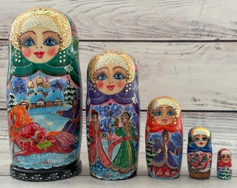 Hand Painted Ukrainian Nesting Dolls Set (5 Pieces, 17cm) – Wooden Fairy Tale Toy Home Decor