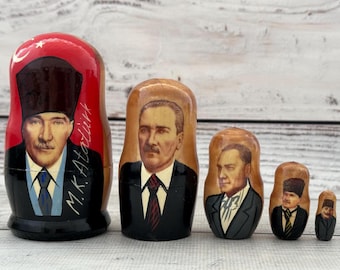 Ataturk Nesting Doll, Hand Painted Wooden Matryoshka, 5 Piece Set
