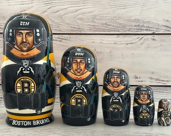 Boston Bruins Ice Hockey Sport Doll 6.88" or 17.5 cm Hand Painted Ukrainian Nesting Doll 5 pieces Wooden Toy Home Decor Portrait Quality