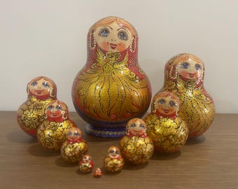 Cute Face Ukrainian Hand Painted Nesting Doll 10 pieces, Ukrainian Doll 5.9'' or 15 cm Wooden Toy Home Decor Kids Gift Kids Room Decor