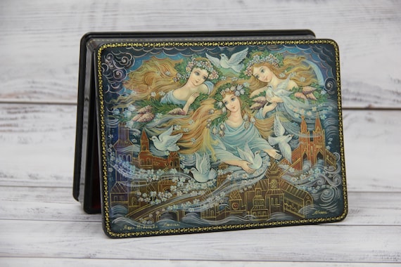 Big Size Ukrainian Lacquer Box, Palekh Art Painting School, Fairy Tale, Handmade, Jewelry Box, Home Decor, Gift Box,Trinket Box,Angels