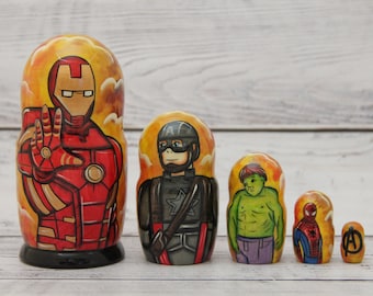 Hand Painted Comic Heroes Nesting Dolls - 5 Piece Wooden Toy