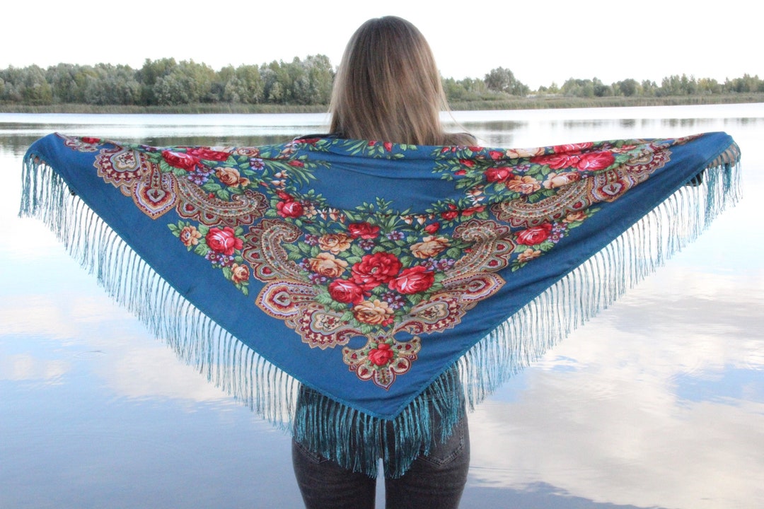 Ethnic Folk Wool Shawl Slavic Babushka Floral Scarf Modern Chic Boho ...