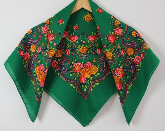 Floral Babushka Scarf, Ukrainian Style, Boho Shawl, 29.5" Square