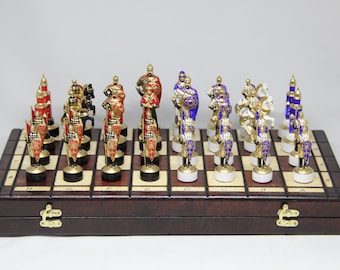 Wooden Board Chess Set 17,72'' 45 cm, Hand Painted Figures Knights of Kiev Rus, Handmade Souvenir Chess, Table Game, Gift for Him