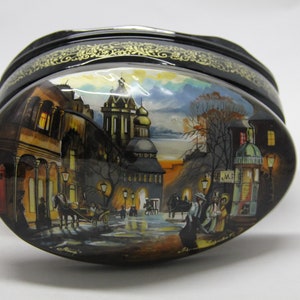 Ukrainian Lacquer Box, Fedoskino Art Painting School, The Theater,Hand Painted,Papier Mache, Sea Shell, Mother of Pearl, Jewelry Box