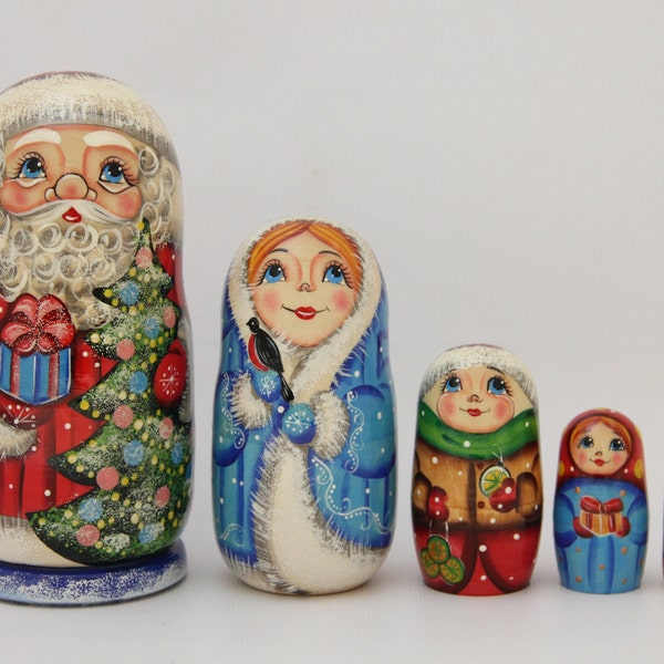 Medium Size 6.69" Santa Wooden Nesting Doll Hand Painted 5pieces Home Decor Christmas Gift Ukrainian Santa Matryoshka Ukrainian Santa Doll