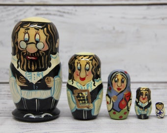 MADE in UKRAINE Jewish Family, Hand Painted Wooden Nesting Doll 5 pieces, Doll 3.93'' or 10 cm, Handmade, Hand Painted, Gift for Friends
