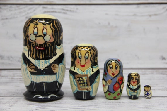 MADE in UKRAINE Jewish Family, Hand Painted Wooden Nesting Doll 5 pieces, Doll 3.93'' or 10 cm, Handmade, Hand Painted, Gift for Friends