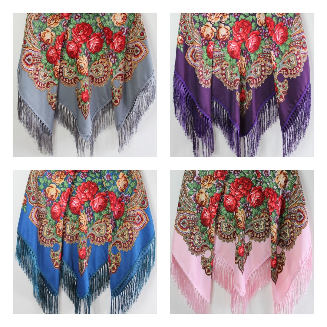 Ethnic Folk Wool Shawl Slavic Babushka Floral Scarf Modern Chic Boho ...