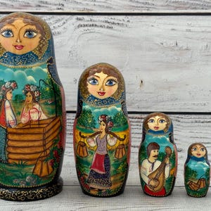 Ukrainian Fairy Tales Hand Painted Nesting Doll 5 pieces, Doll 5.9&#39;&#39; or 15 cm, Wooden Toy, Home Decor, Kids Gift, Kids Room Decor