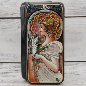 Ukrainian Lacquer Box, Fedoskino Art Painting School, Alfonse Mucha, Handmade, Hand Painted, Papier Mache, Jewelry Box