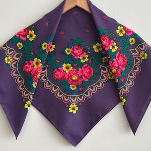 Made in Ukraine SALE! Purple Slavic Babushka Floral Scarf, Ukrainian Wool Scarf, Modern Boho, Styling with Classic Timeless Floral Design