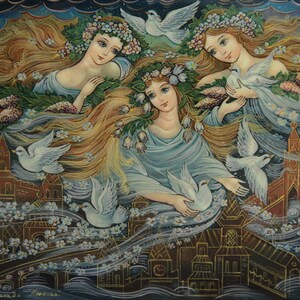 May include: A painting of three women with long flowing hair, wearing floral crowns and holding white doves. The women are surrounded by a city skyline with buildings and a blue sky with clouds. The painting is done in a whimsical style with bright colors and intricate details.