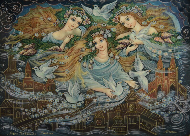 May include: A painting of three women with long flowing hair, wearing floral crowns and holding white doves. The women are surrounded by a city skyline with buildings and a blue sky with clouds. The painting is done in a whimsical style with bright colors and intricate details.