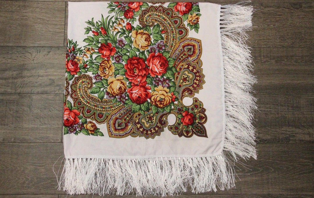 Ethnic Folk Wool Shawl Slavic Babushka Floral Scarf Modern Chic Boho ...