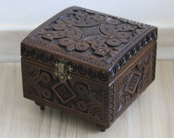 Hand Carved Ukrainian Walnut Jewelry Box, Wooden Keepsake Box