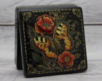 Mstera Art Lacquer Box, Butterfly Painting, Papier Mache Jewelry Box, Ukrainian Decor