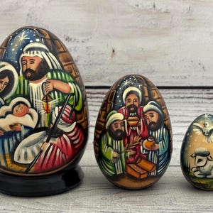 Hand Painted Nativity Nesting Egg Set, Ukrainian Christmas Gift