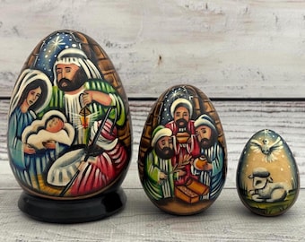 Made in Ukraine Nativity Nesting Egg 3 pieces 4.13&#39;&#39; or 10.5 cm, Wooden Christmas Nesting Egg, Hand Painted Christmas Gift, Nativity Set