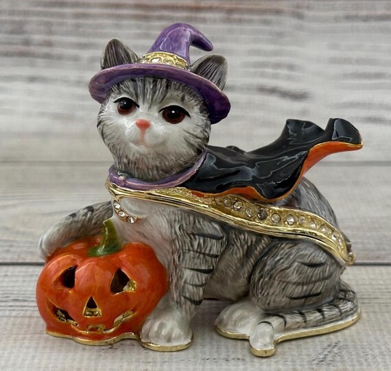 Handmade Enamel Cat Figurine, Faberge Style With Swarovski