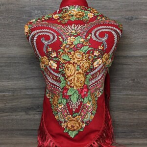 Ethnic Folk  Wool Scarf Slavic Babushka Floral Scarf Modern Chic Boho Chale Russe with Classic Timeless Floral Design Gift for Her