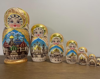 Big size Ukrainian Traditional Hand Painted Nesting Doll 7 pieces, Wood Burning Ukrainian Doll 9.06'' or 23 cm, Kids Gift, Kids Room Decor