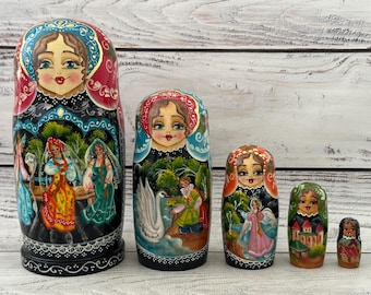 Ukrainian Fairy Tales Hand Painted Nesting Doll 5 pieces, Ukrainian Doll 6.69'' 17 cm, Wooden Toy, Home Decor, Kids Gift, Kids Room Decor