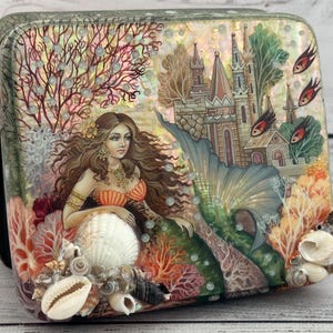 HECHO EN UCRANIA Caja de laca exclusiva, Escuela de pintura artística ucraniana, "Sirena", hecha a mano, pintada a mano, papel maché, caja de joyería
