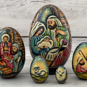 Nativity Nesting Doll, Egg Shape 5 pieces 12 cm or 4.72'', Wooden Christmas Nesting Egg, Hand Painted , Christmas gift, Nativity set