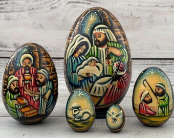 Nativity Nesting Doll, Egg Shape 5 pieces 12 cm or 4.72&#39;&#39;, Wooden Christmas Nesting Egg, Hand Painted , Christmas gift, Nativity set