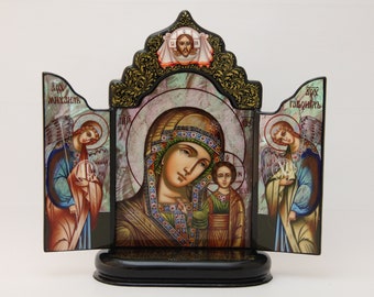 Big Size Ukrainian Lacquer Box, Palekh Art Painting School, Triptych with Icon, Handmade, Hand Painted, Papier Mache, Jewelry Box