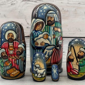 Hand Painted Nativity Nesting Doll, Ukrainian Christmas Decor, 5 Piece