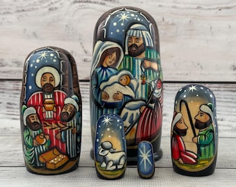 Muñeca de la Natividad pintada a mano, decoración navideña ucraniana, 5 piezas