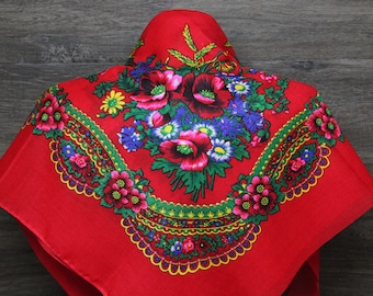 SALE !  Wool Scarf Slavic BabushkaFloral Ethnic Chale Russe Modern Chic Boho Styling with Classic Timeless Floral Design Gift for Her