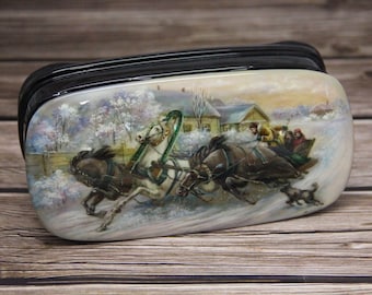 Hand Painted Ukrainian Lacquer Box, Troika Winter Scene, Fedoskino Art, Papier Mache Jewelry Box